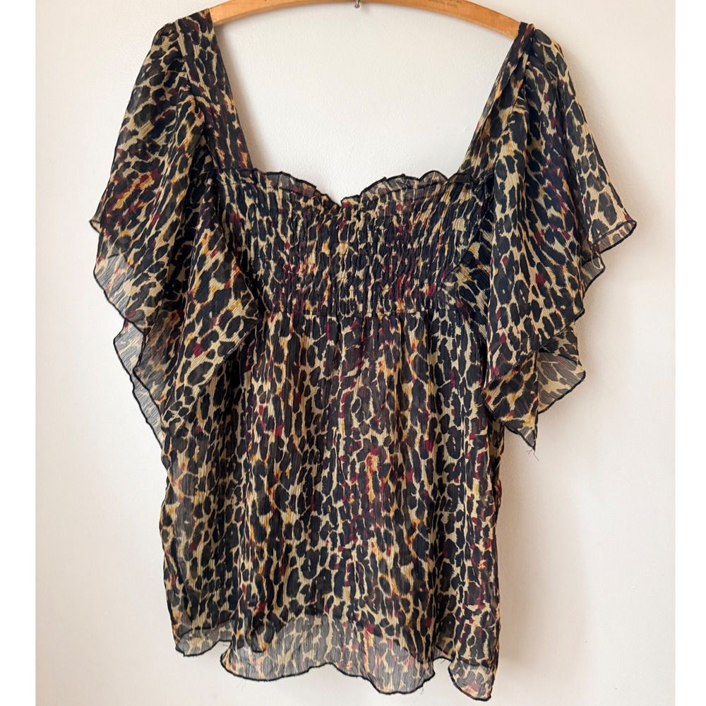 Copper Key Leopard Print Smocked Square Neck Flutter Sleeve‎  Top Women's Size L